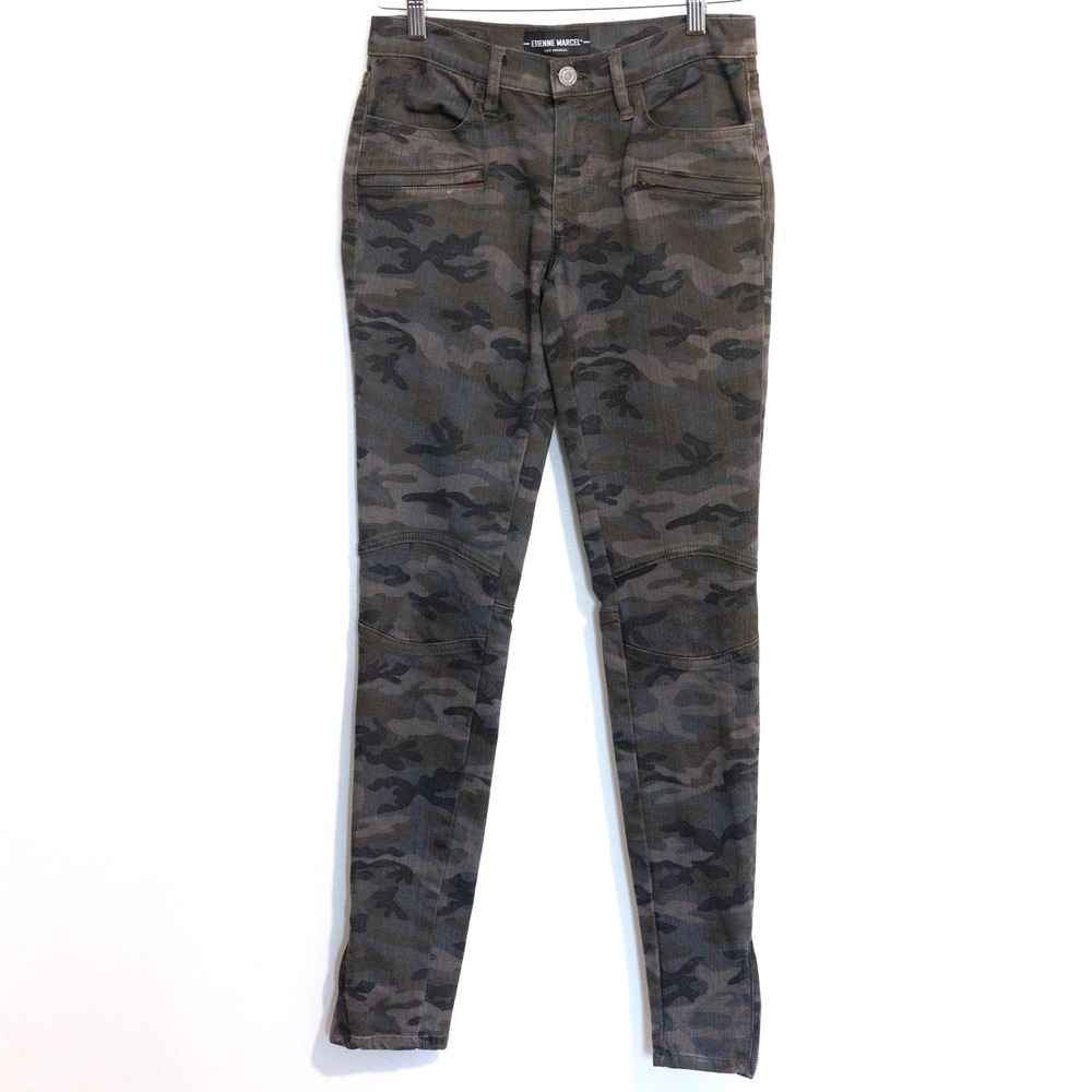 Etienne Marcel Camo Moto Skinny Jeans Green Camouflage Ankle Zip Size 27